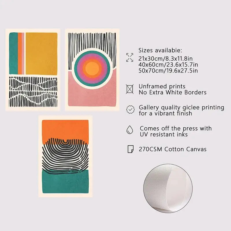 Set of three DecorBites™ wall art prints on 270csm cotton canvas featuring vibrant mid century color blocks
