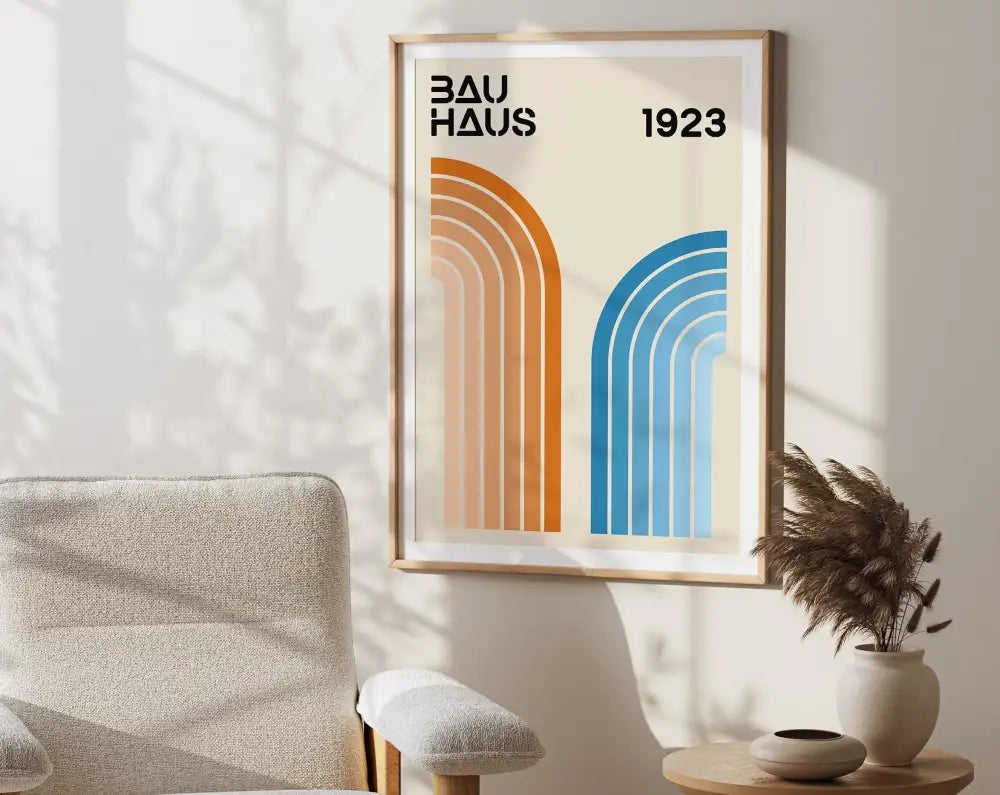 Decorbites™ mid century art canvas print featuring bauhaus 1923 logo with abstract orange and blue arches on cream background