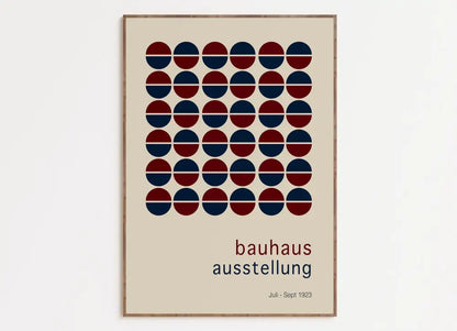 Beige mid century canvas print poster with red and navy blue halved circles grid framed in light wood for wall art