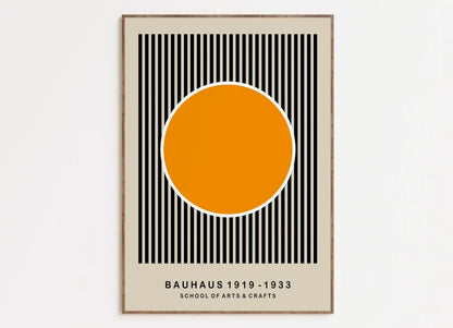 Decorbites™ mid century geometric canvas wall art with bold orange circle on black striped beige background and bauhaus text
