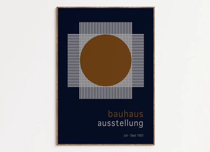 DecorBites mid century geometric wall art featuring a bold brown circle on navy background with white grid lines and text