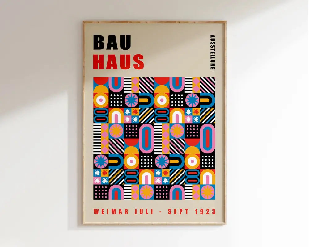 DecorBites™ mid century bauhaus poster canvas featuring vibrant pink blue yellow geometric wall art on cream background