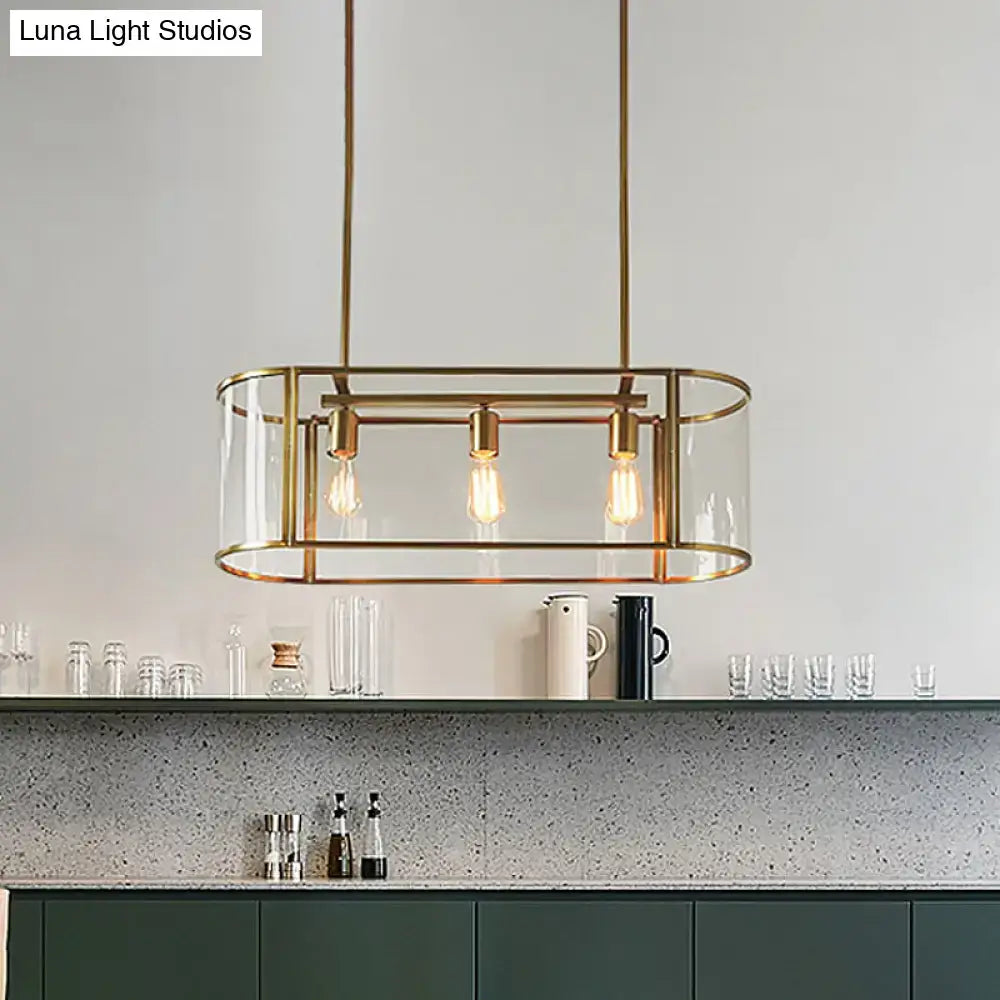 DecorBites mid century gold rectangular pendant light with brass frame translucent glass panels and three filament bulbs