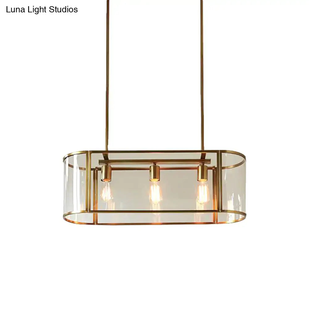 DecorBites mid century gold pendant light with brass frame translucent glass panels and three exposed filament bulbs