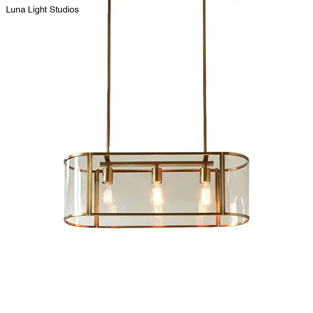 DecorBites mid century gold pendant light with brass frame translucent glass panels and three exposed filament bulbs