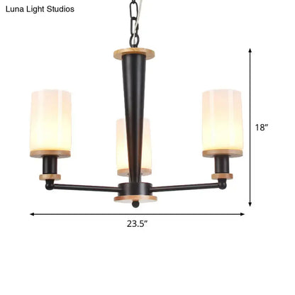 DecorBites mid-century black metal chandelier with wooden accents and three opal frosted glass shades for led lighting