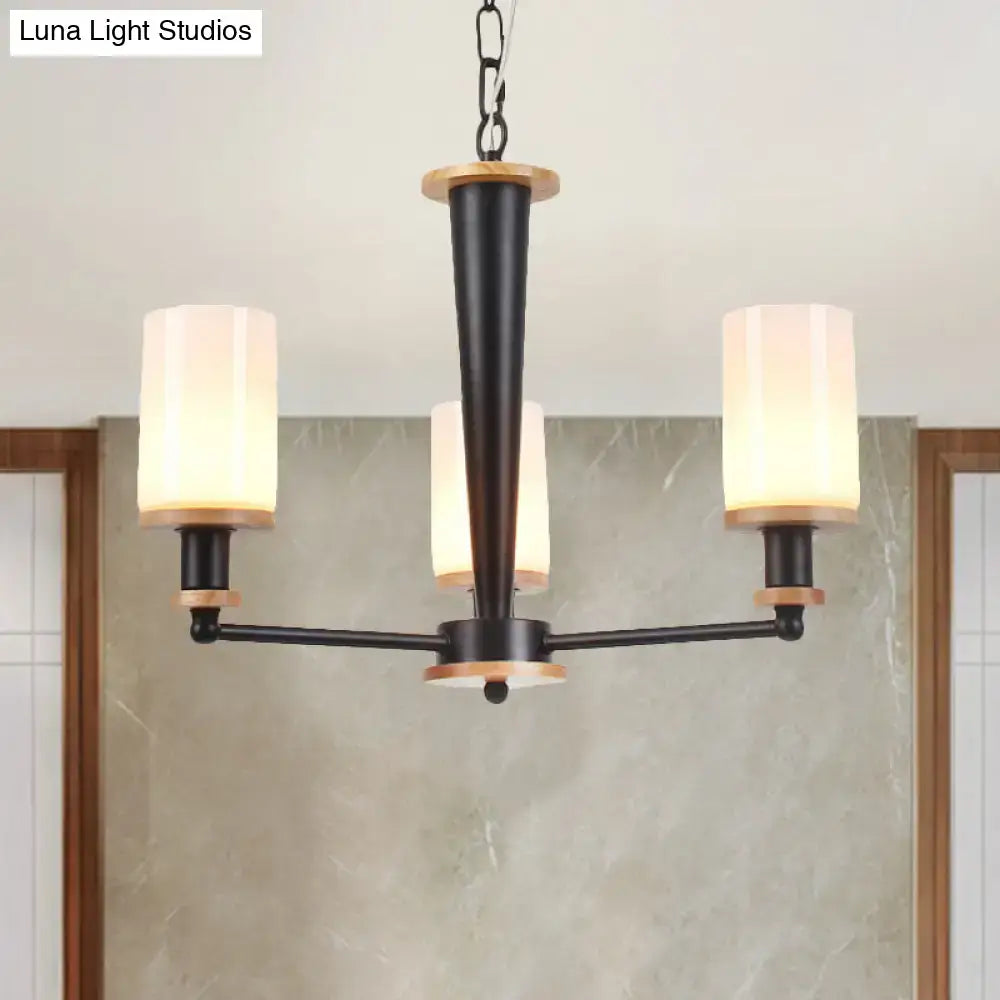 DecorBites mid-century 3-light black metal chandelier with wooden accents and opal frosted glass shades 220v-240v 110v-120v