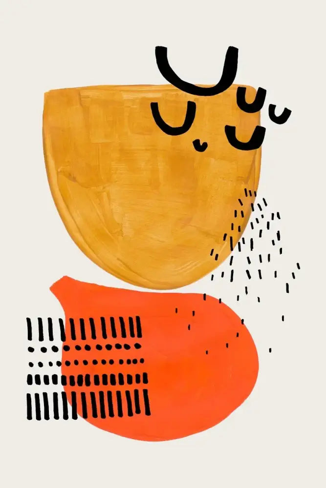 Decorbites™ mid century watercolor brush strokes canvas print featuring golden-yellow and orange forms with black brush strokes