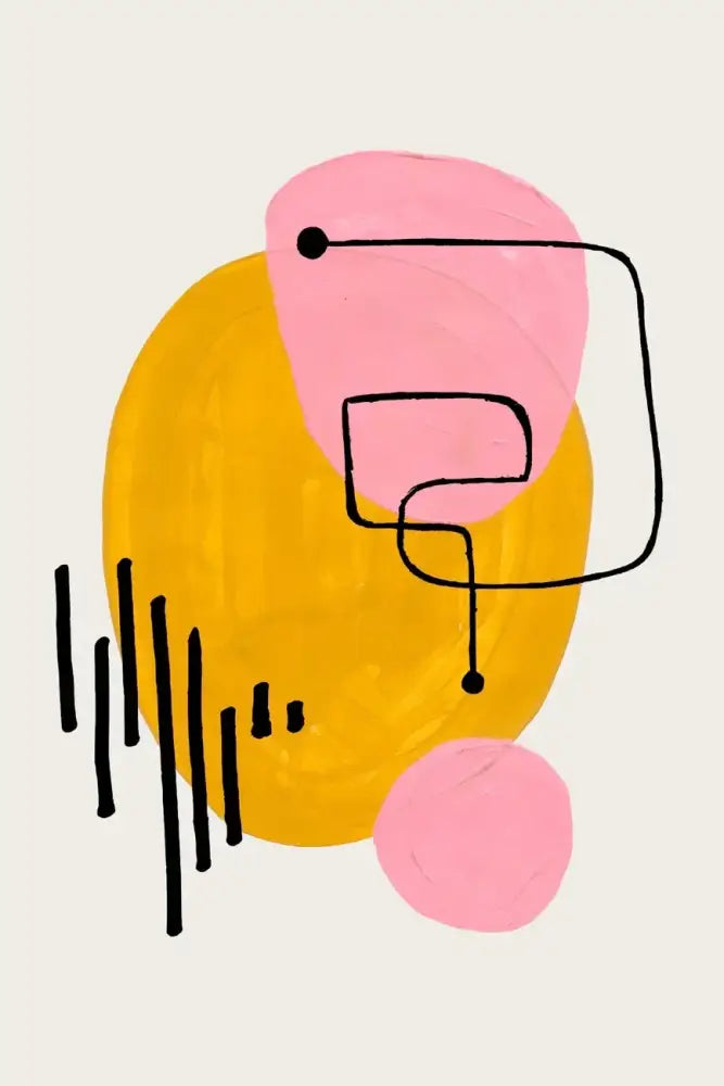 Decorbites™ mid century watercolor brush strokes canvas print with bold yellow and pink circular shapes and black line art