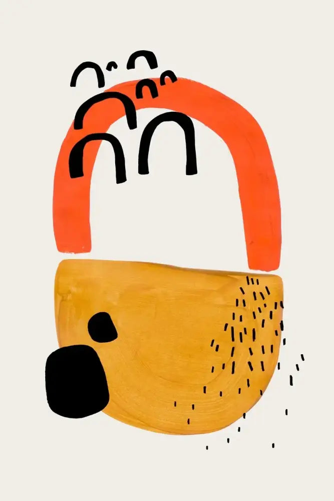 Abstract illustration with orange and mustard-yellow brush strokes and black curved lines on decorbites mid century canvas print