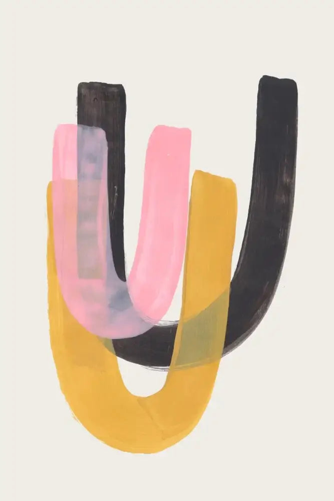 Decorbites™ mid century canvas print featuring bold pink black and mustard yellow watercolor brush strokes with texture