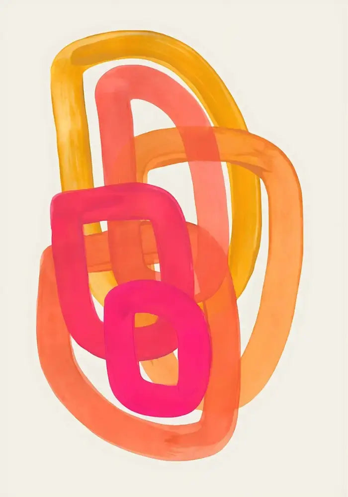 Decorbites™ mid century canvas print with vibrant orange and pink watercolor brush strokes and overlapping rounded shapes