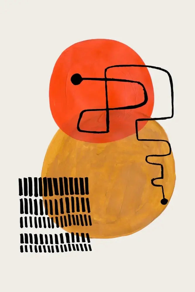 Decorbites™ mid century watercolor brush strokes canvas print with vibrant orange and yellow circles and bold black line art