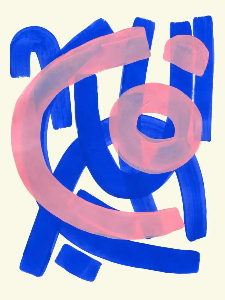 Decorbites mid century watercolor brush strokes canvas print with bold blue and pink watercolor brush shapes on cream background