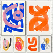 Decorbites™ mid century canvas print with bold colorful watercolor brush strokes in blue pink orange and black on off-white