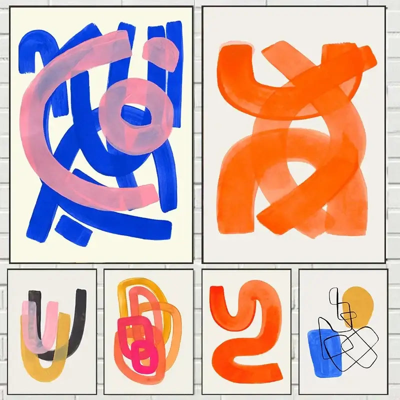 Decorbites™ mid century canvas print with bold colorful watercolor brush strokes in blue pink orange and black on off-white