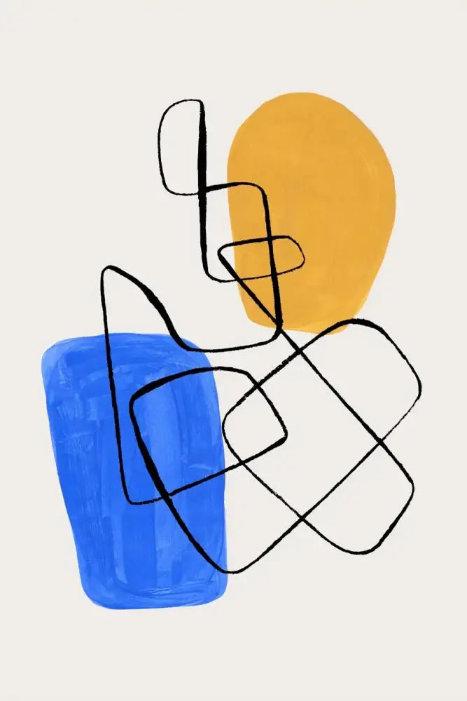 Decorbites™ mid century watercolor brush strokes canvas print with bold blue and mustard yellow watercolor brush shapes