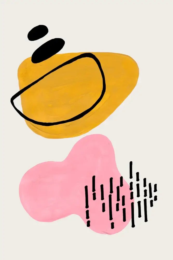 Decorbites™ mid century canvas print featuring mustard yellow and soft pink shapes with bold black watercolor brush strokes