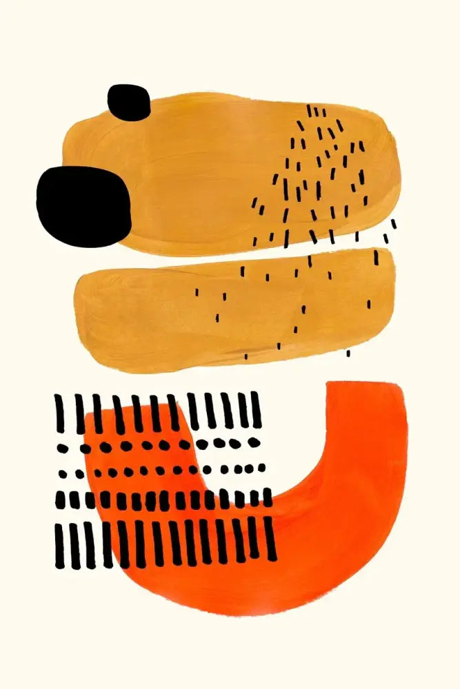 Decorbites™ mid century watercolor brush strokes canvas print with bold orange and mustard-yellow shapes and black dot patterns