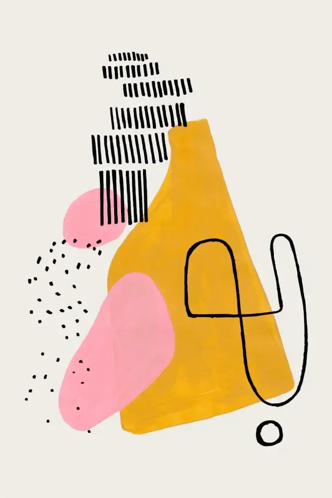 Abstract illustration canvas print featuring bold yellow and pink geometric shapes with black line art and watercolor brush strokes