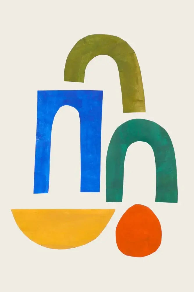 Decorbites mid century canvas print featuring abstract blue green yellow and orange geometric shapes with watercolor brush strokes