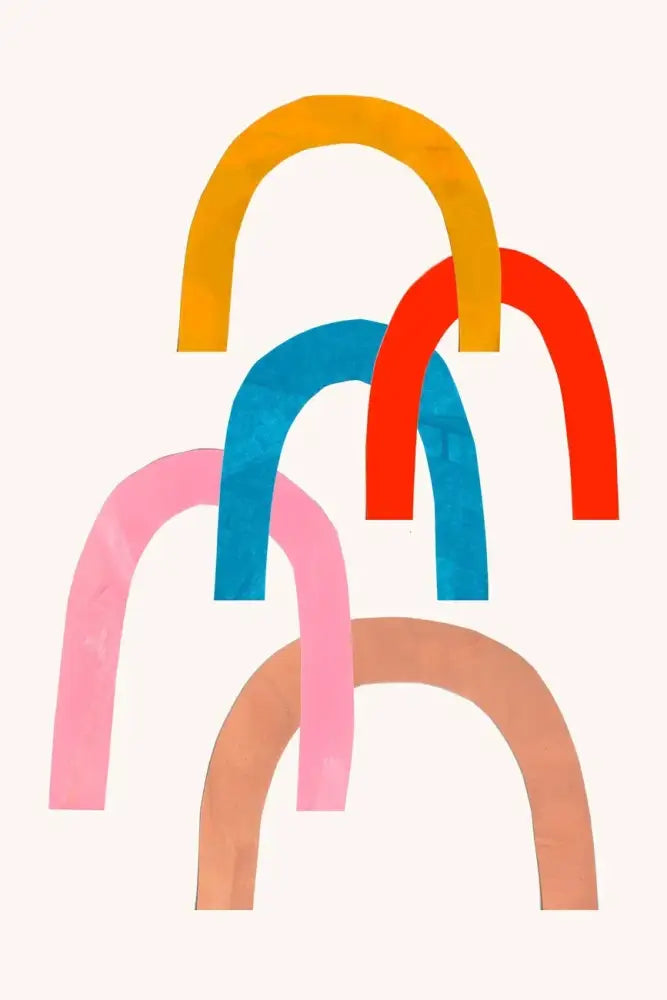 Decorbites™ mid century watercolor brush strokes canvas print with colorful overlapping arches in yellow red blue pink and beige
