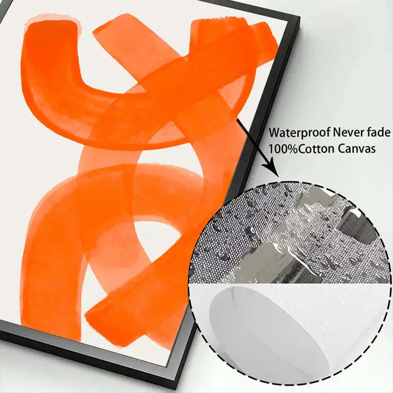 DecorBites™ mid century watercolor brush strokes canvas print with bold orange brush strokes on 100 percent cotton canvas in black frame