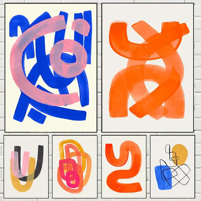 Set of decorbites™ mid century watercolor brush strokes canvas prints with bold blue pink orange and black shapes on off-white background