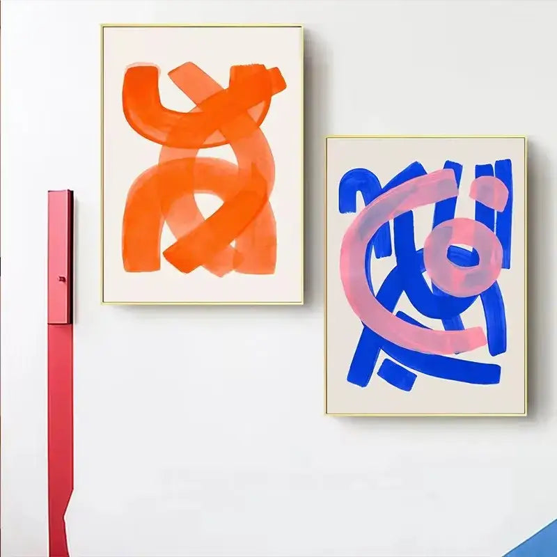 Two decorbites mid century watercolor brush strokes canvas prints with vibrant orange and blue brush strokes on cream backgrounds