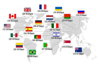 World map infographic showing national flags and delivery times for decorbites mid century watercolor brush strokes canvas print