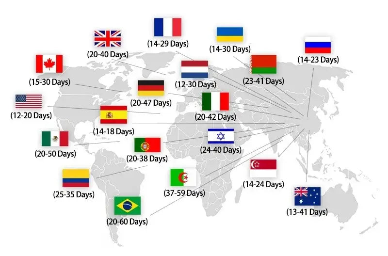 World map infographic showing national flags and delivery times for decorbites mid century watercolor brush strokes canvas print