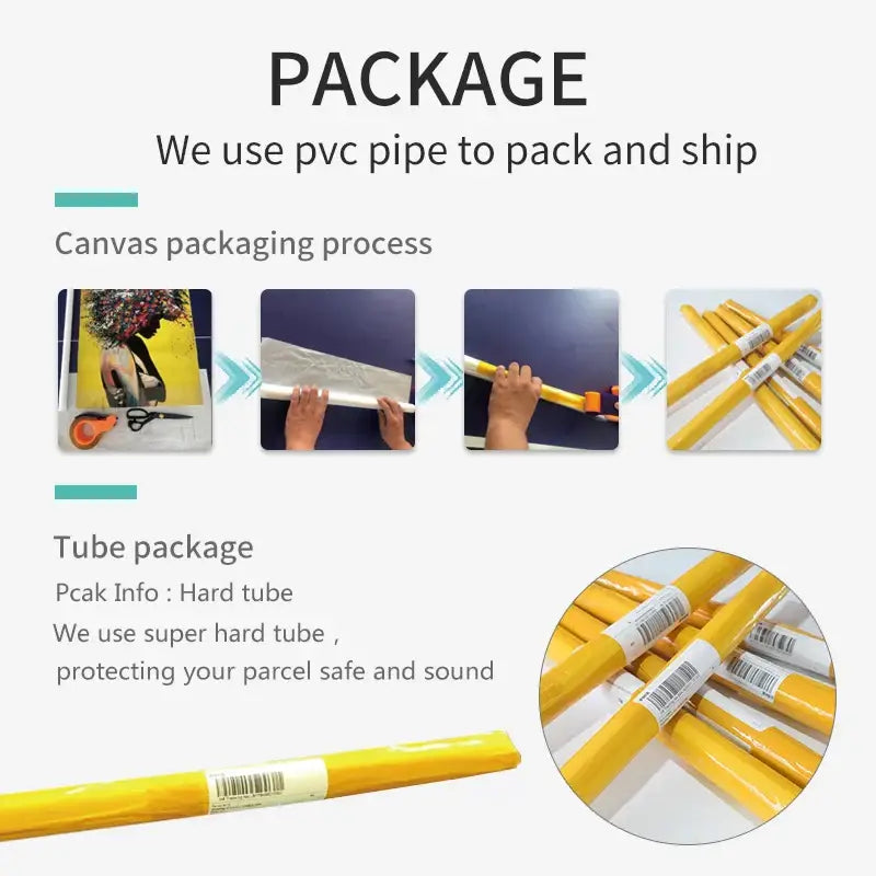 Yellow pvc pipe packaging tubes with white labels and barcode stickers for decorbites mid century watercolor brush strokes canvas print