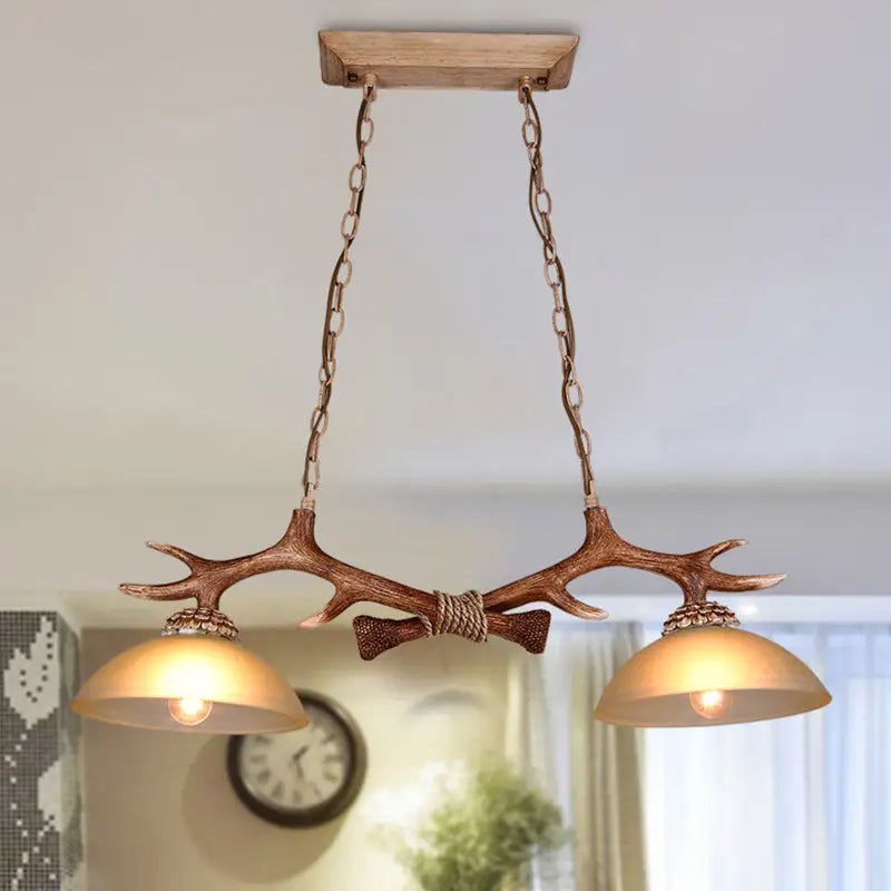 DecorBites™ pendant light with milk glass bowl shades and faux antler on rustic wooden ceiling mount for dining room 220v-240v