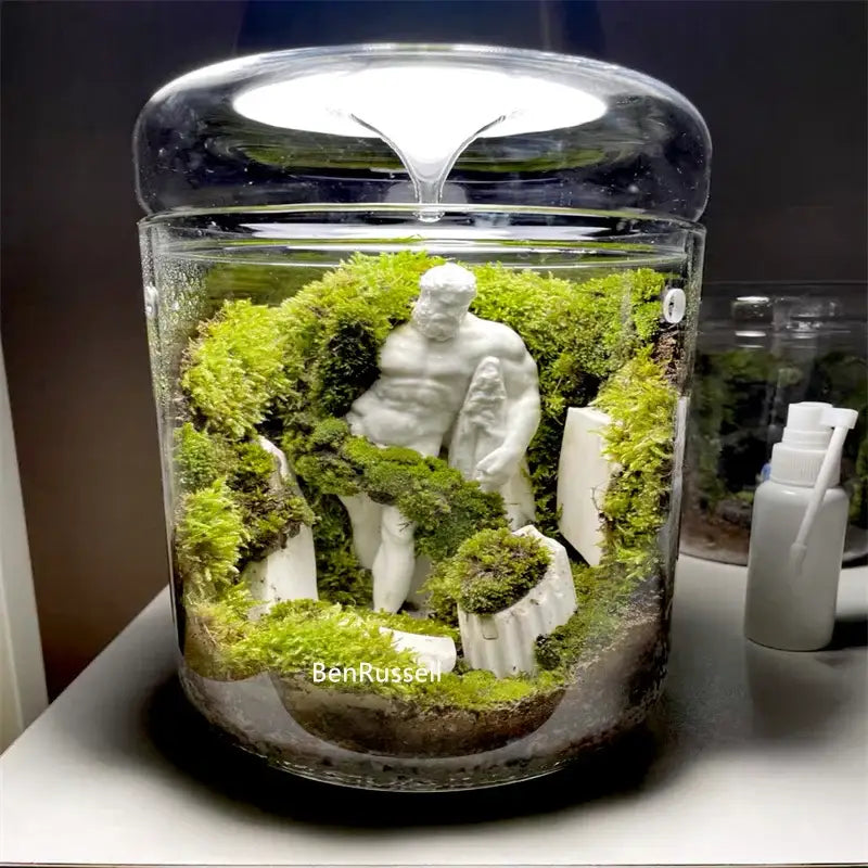DecorBites™ mini glass bottle terrarium kit with white muscular statue and green moss for home decor landscape glass