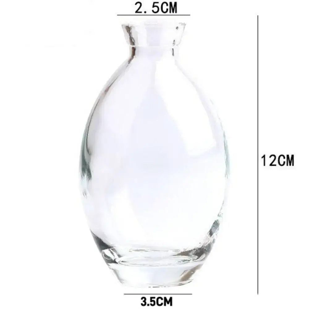 Clear glass mini flower vase with rounded body narrow neck and flat base for home decor by decorbites