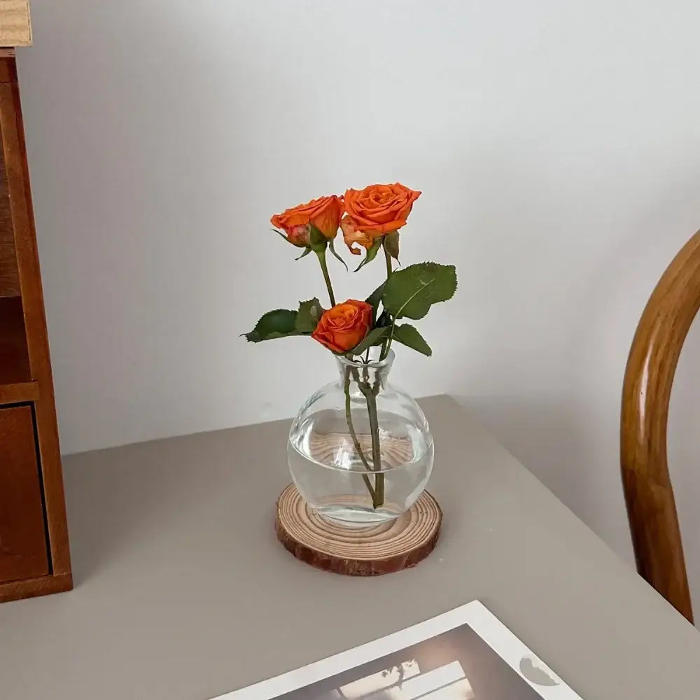 Decorbites™ mini clear glass flower vase with rounded body and narrow neck holding three vibrant orange roses for home decor