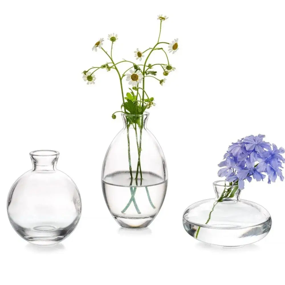 Clear glass DecorBites™ mini flower vases with rounded bulbous shapes and narrow necks for home decor
