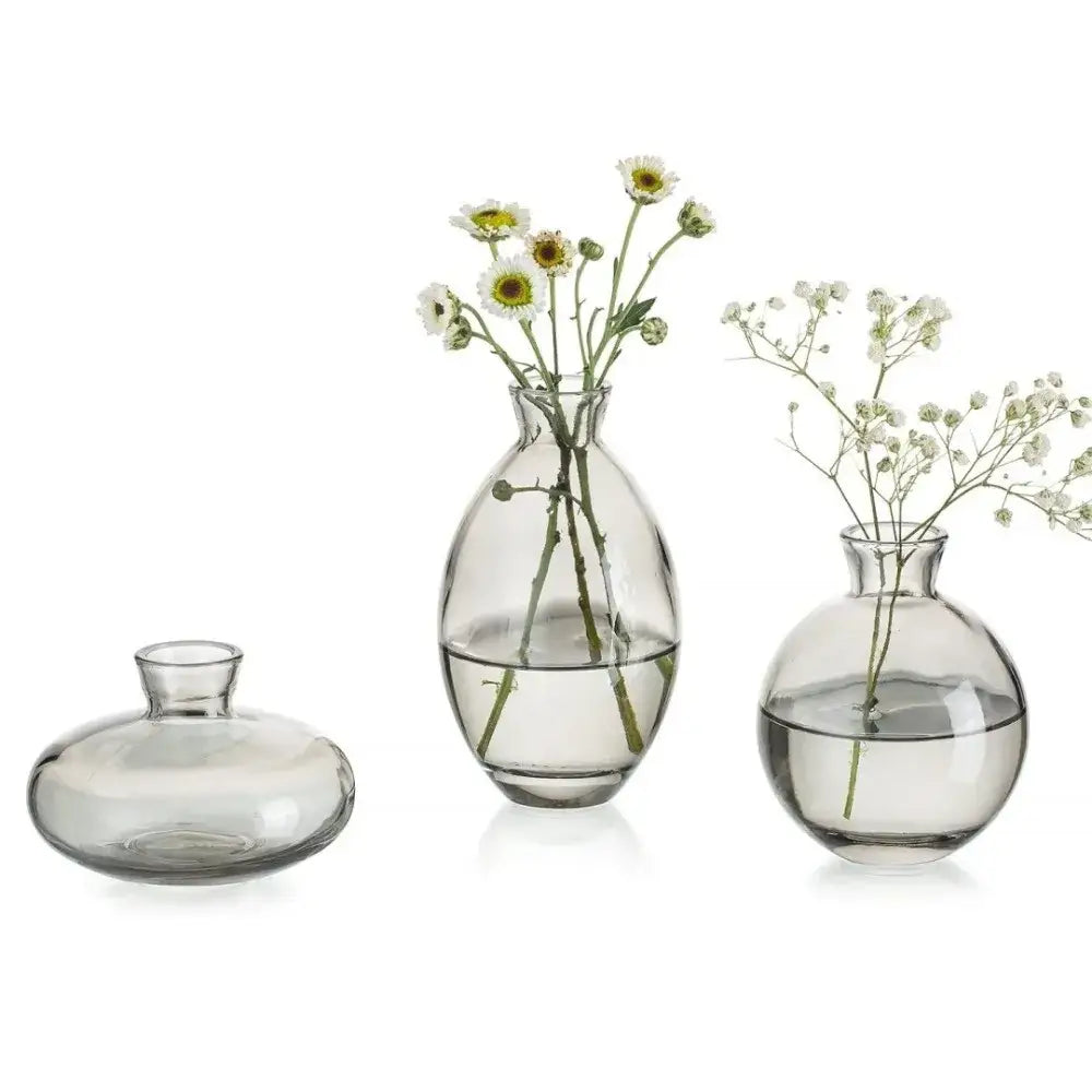 Set of three clear glass DecorBites™ mini flower vases with rounded minimalist design for home decor