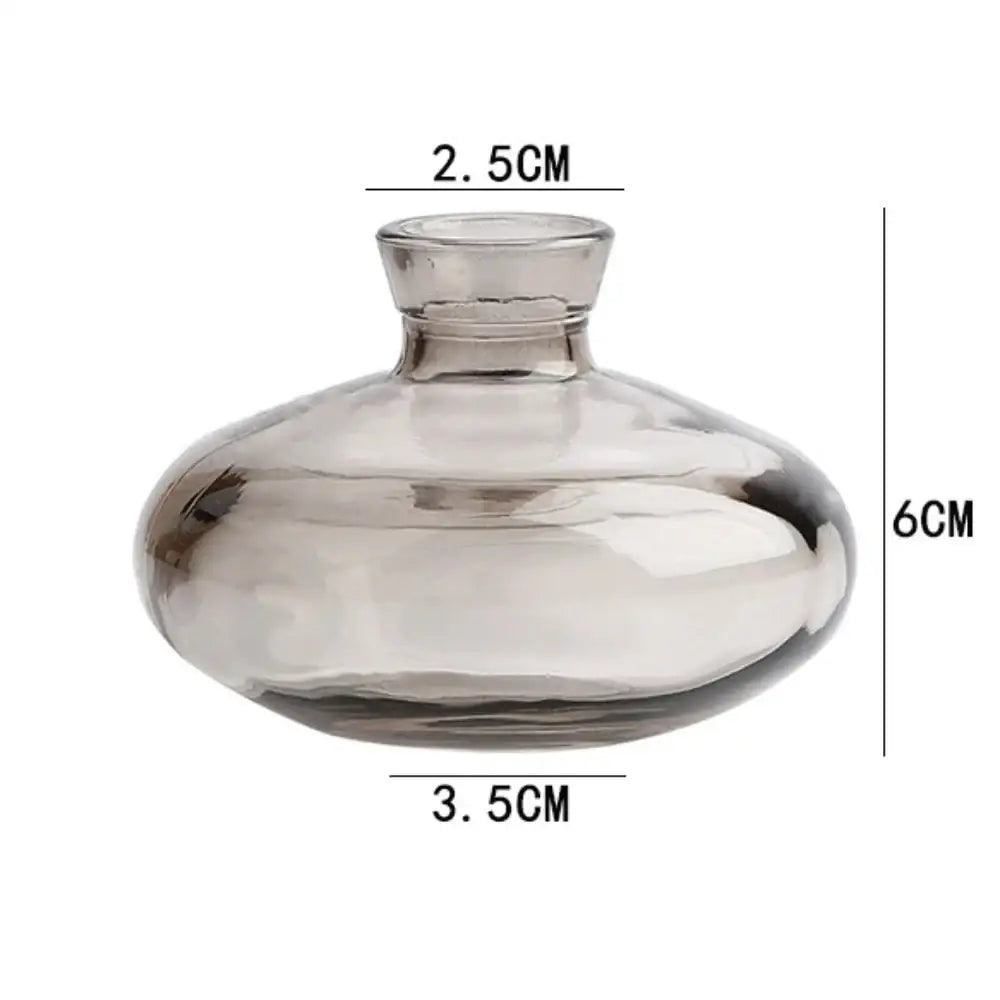 DecorBites™ mini glass flower vase with a sleek transparent rounded body and narrow neck for home decor