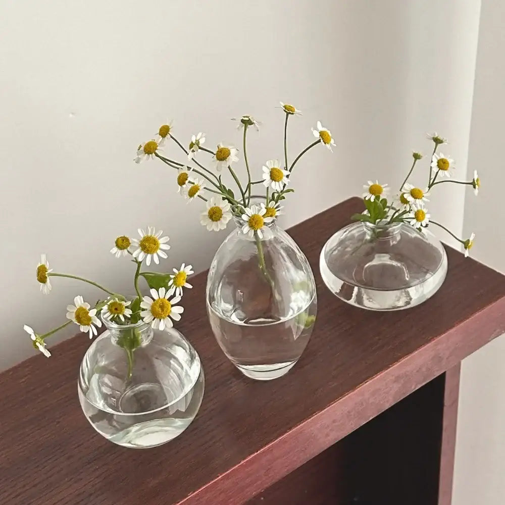 DecorBites™ mini glass flower vases in clear glass holding white daisies for elegant home decor display