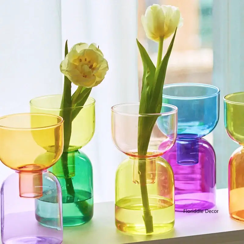 DecorBites™ mini glass vase set featuring colorful translucent glass vases with a wide top and narrow base design