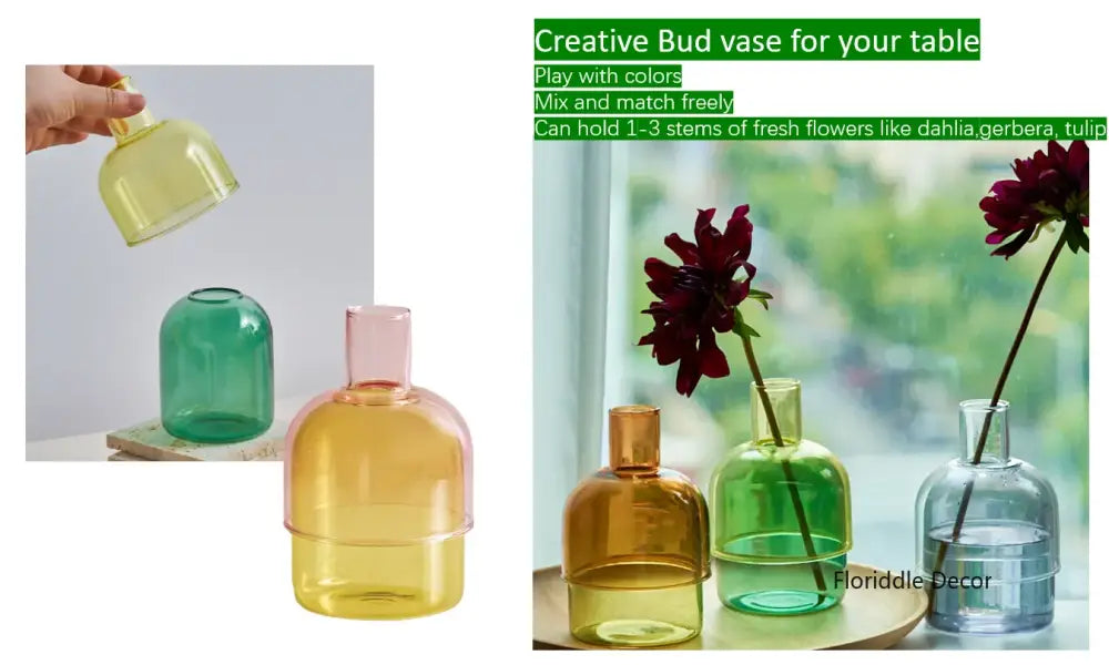 Colorful translucent glass vase set with rounded bodies and narrow necks in decorbites™ mini glass vase collection