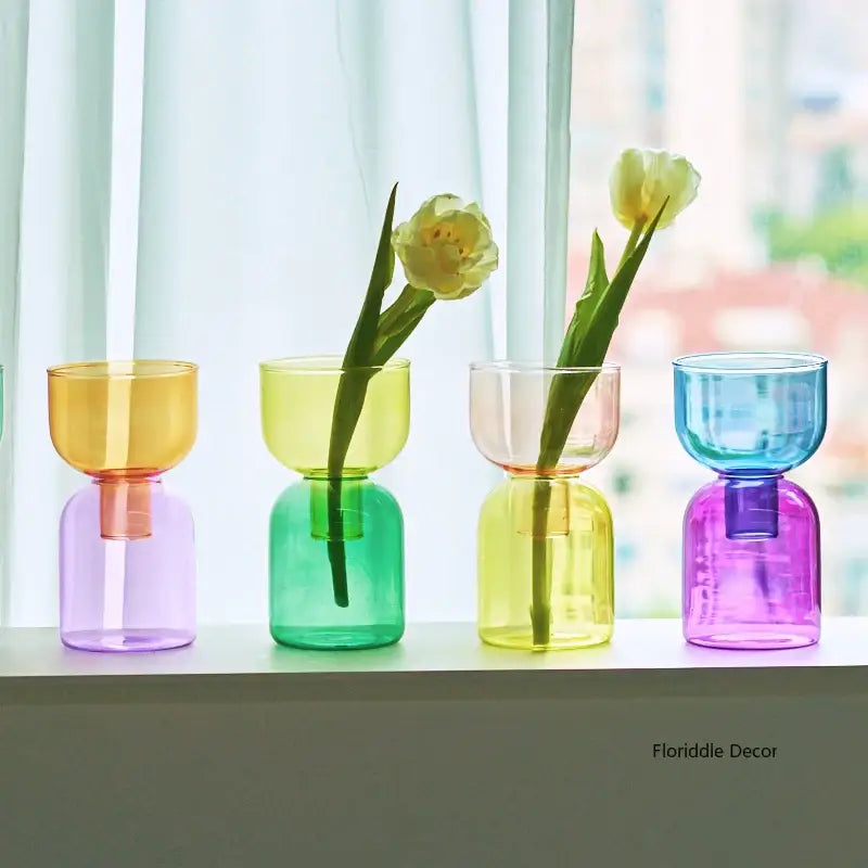 Decorbites™ mini glass vase set featuring colorful translucent glass vases with rounded tops and cylindrical bases