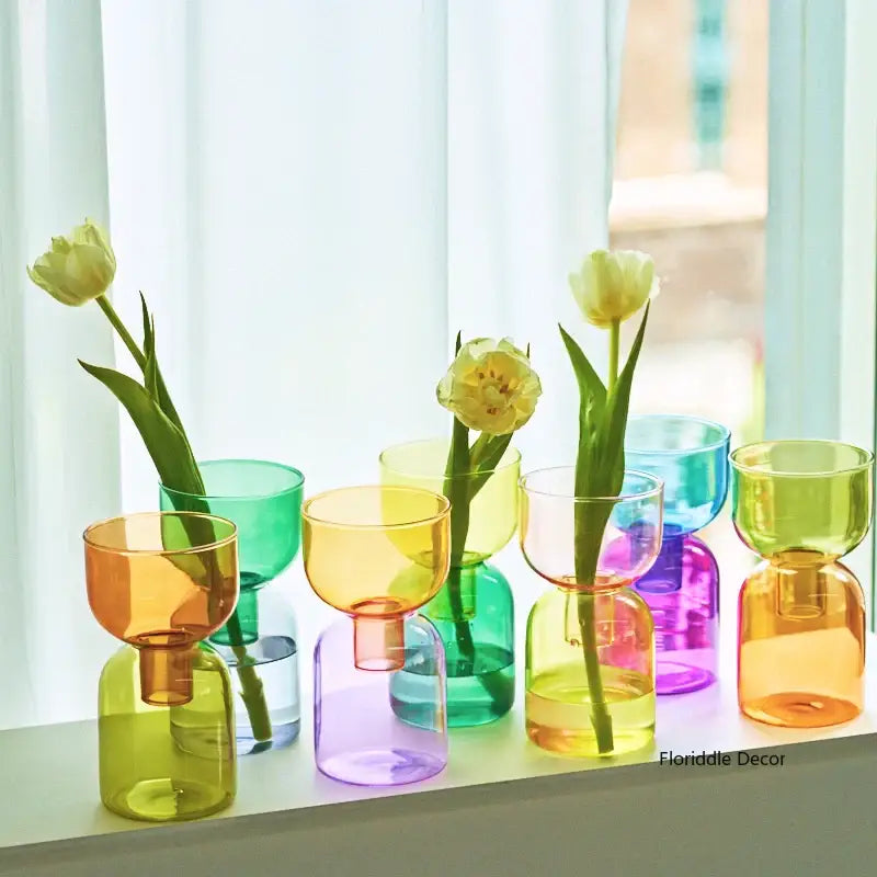 DecorBites™ mini glass vase set of colorful translucent glass vases in orange green yellow and purple for plants and candles