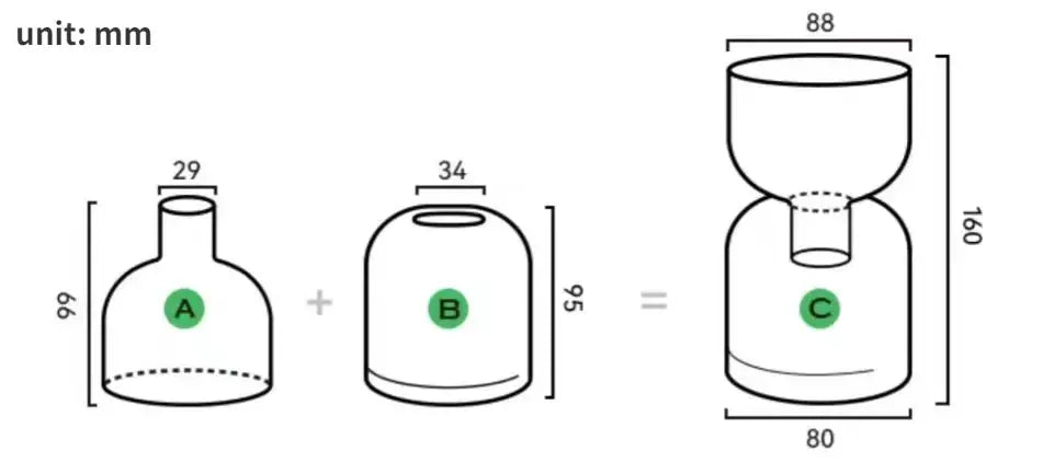The diagram shows the assembly of a DecorBites™ mini glass vase set with labeled dimensions in millimeters