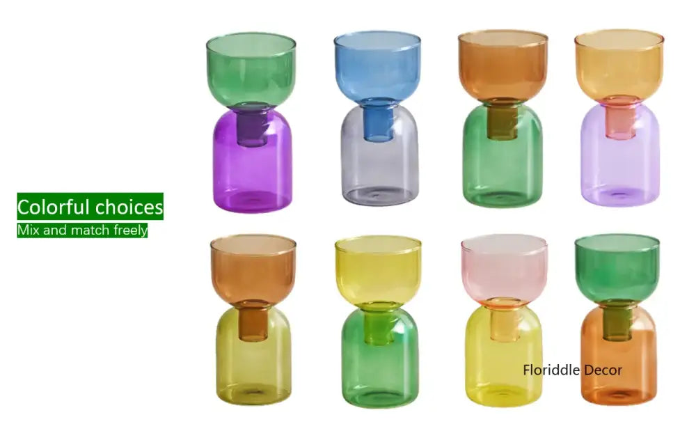 Set of eight vibrant translucent glass vases with a modern two-part design from DecorBites™ mini glass vase set