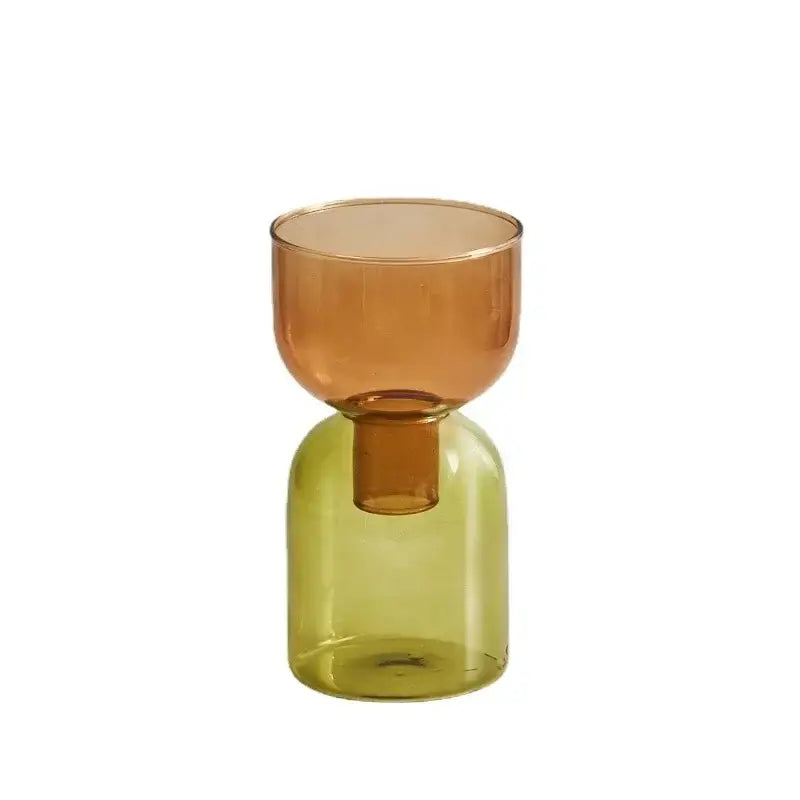 DecorBites™ mini glass vase set featuring a modern two-toned glass vase with amber top and olive green base