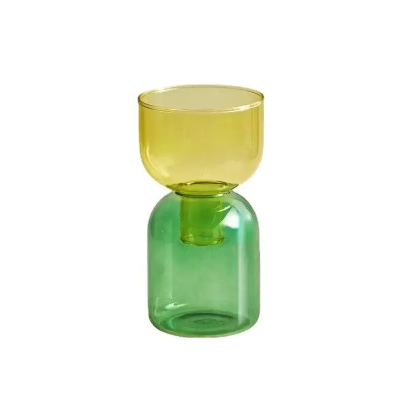 DecorBites™ mini glass vase set featuring a modern two-toned glass vase with translucent yellow and solid green sections