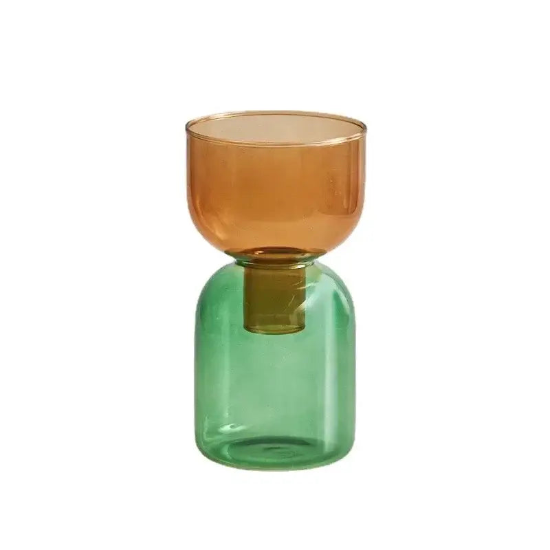 DecorBites mini glass vase set with a modern two-toned glass vase featuring amber top and green base design