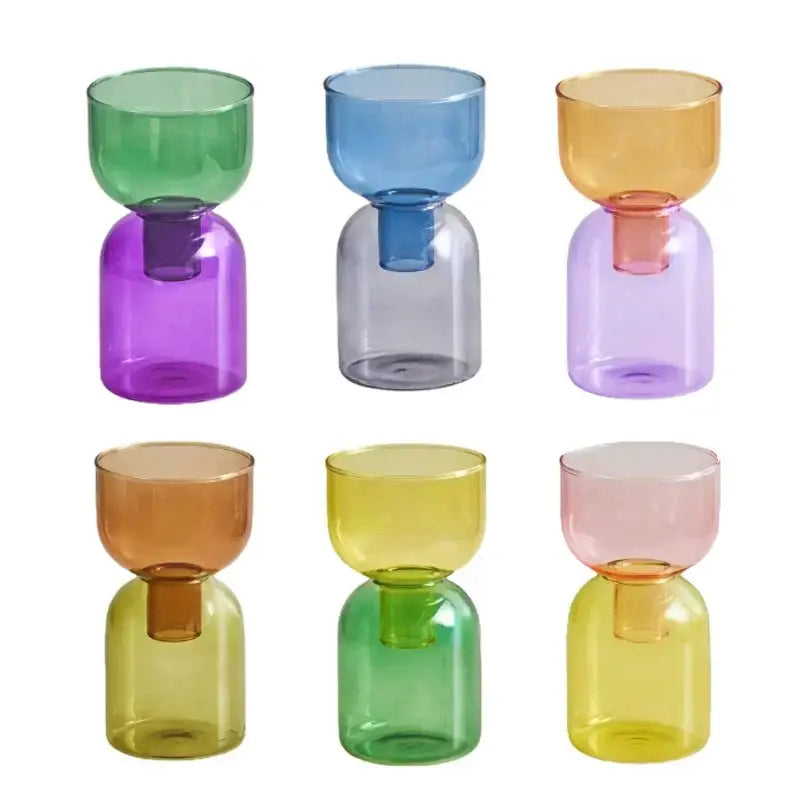 Set of six colorful translucent DecorBites™ mini glass vases with smooth rounded shapes for plants and candles
